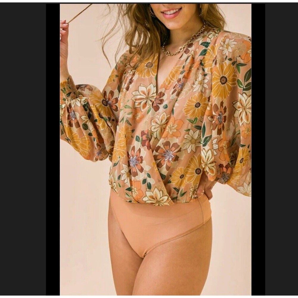 Flying Tomato Floral Bodysuit Womens L Boho Retro Surplice Puff Sleeve Top - Picture 2 of 11